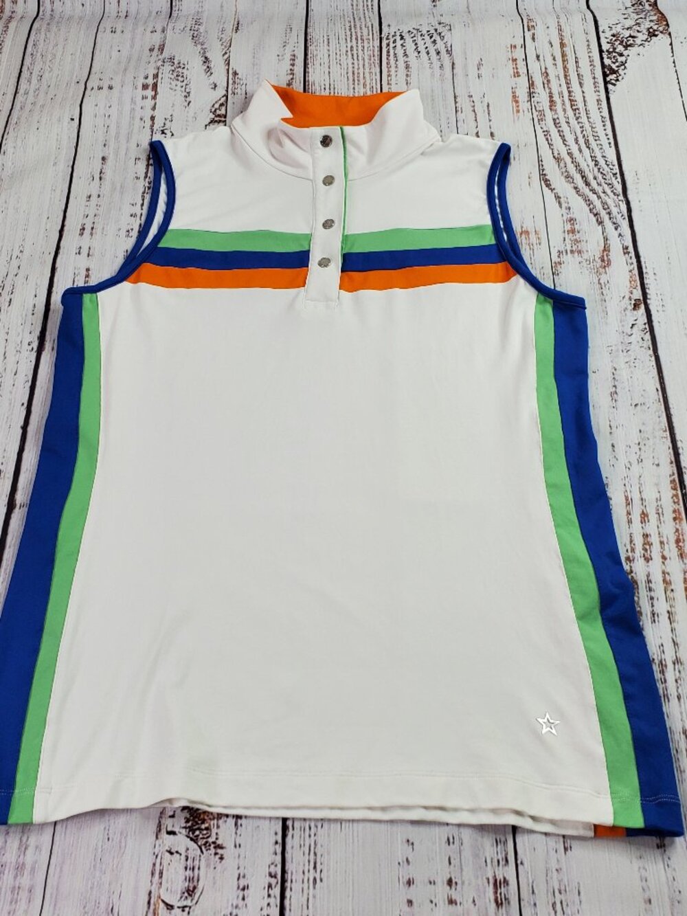 Lohla Sport Sleeveless Top Women L White Blue Green Orange Stripe Golf Tennis